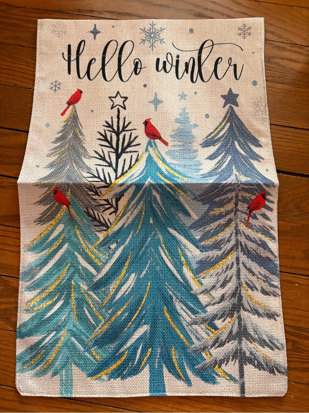 Hello Winter Holiday Tea Towel - Blue & Red Trees